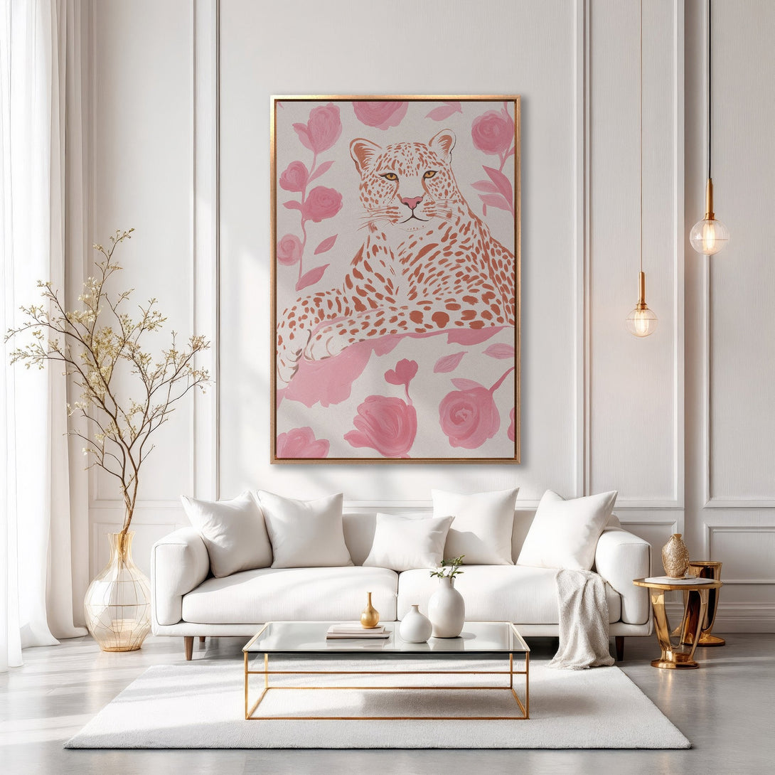 Framed Wall Art: Leopard print canvas in a modern interior. Featuring a pink and neutral color palette. Elevate your space with stylish wall decor.