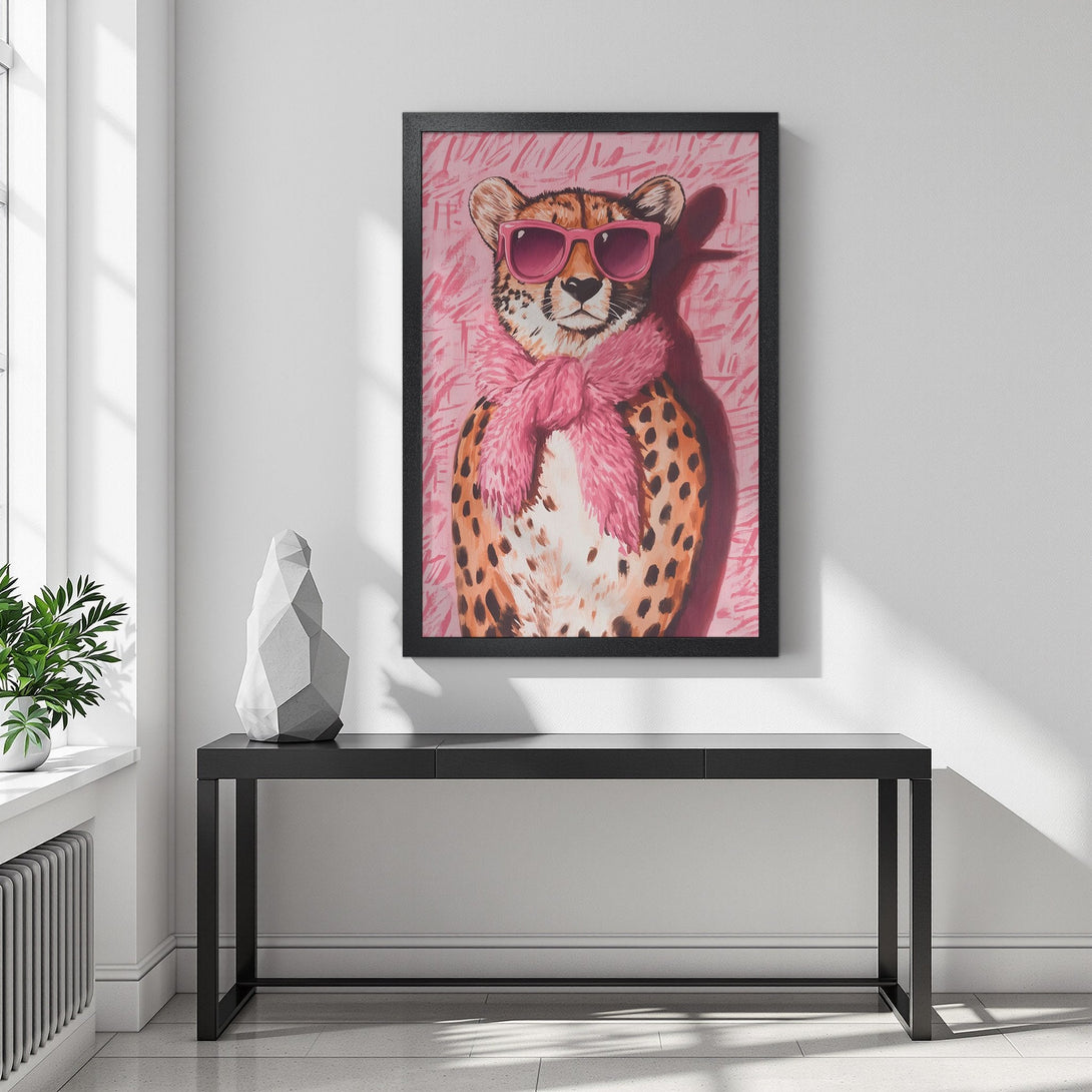 Framed Poster featuring a stylish cheetah in pink sunglasses and scarf. Modern art with a pink and orange color palette. Perfect wall decor!
