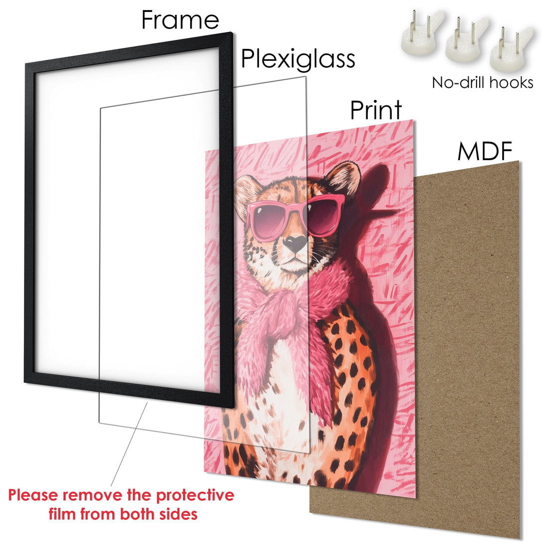 Framed Poster featuring a stylish cheetah in pink sunglasses, vibrant pink and orange palette. Perfect wall art!