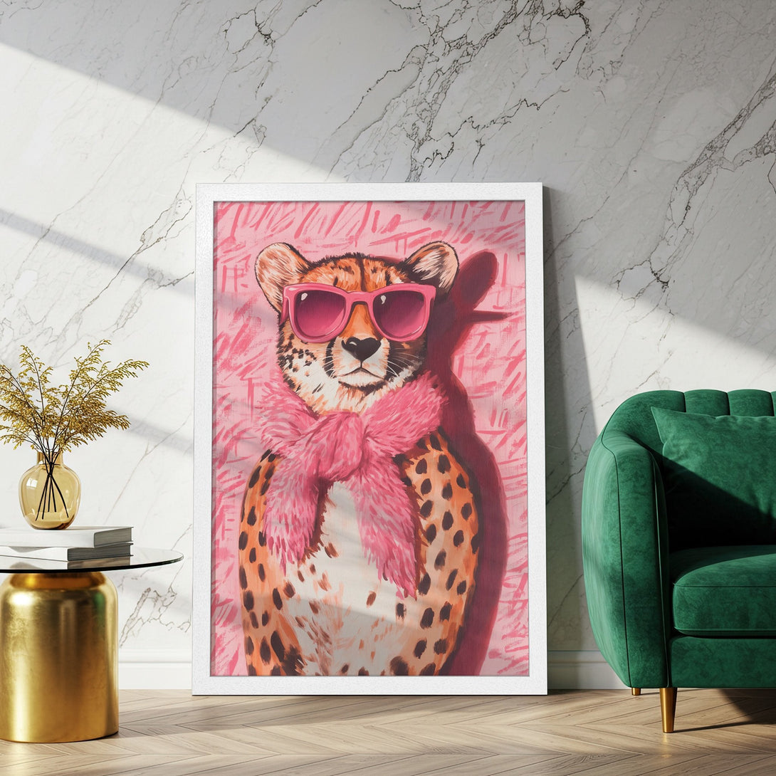 Framed Poster featuring a stylish cheetah in sunglasses, pink and orange color palette, perfect wall art.