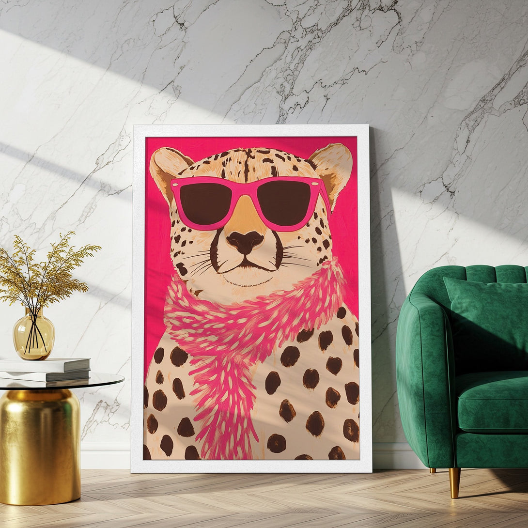 Framed Poster featuring a stylish cheetah in pink sunglasses, vibrant pop art style. Bold pink, brown, and cream color palette. Add a touch of fun!