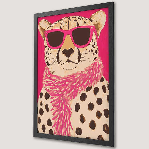 Framed Poster featuring a stylish cheetah wearing pink sunglasses and scarf, vibrant art with a pink and brown color palette.