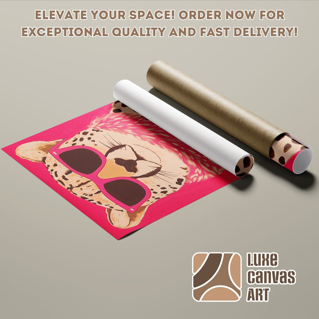Cheetah Poster Roll with pink, brown, and neutral tones. Elevate your space with Luxe Canvas Art!