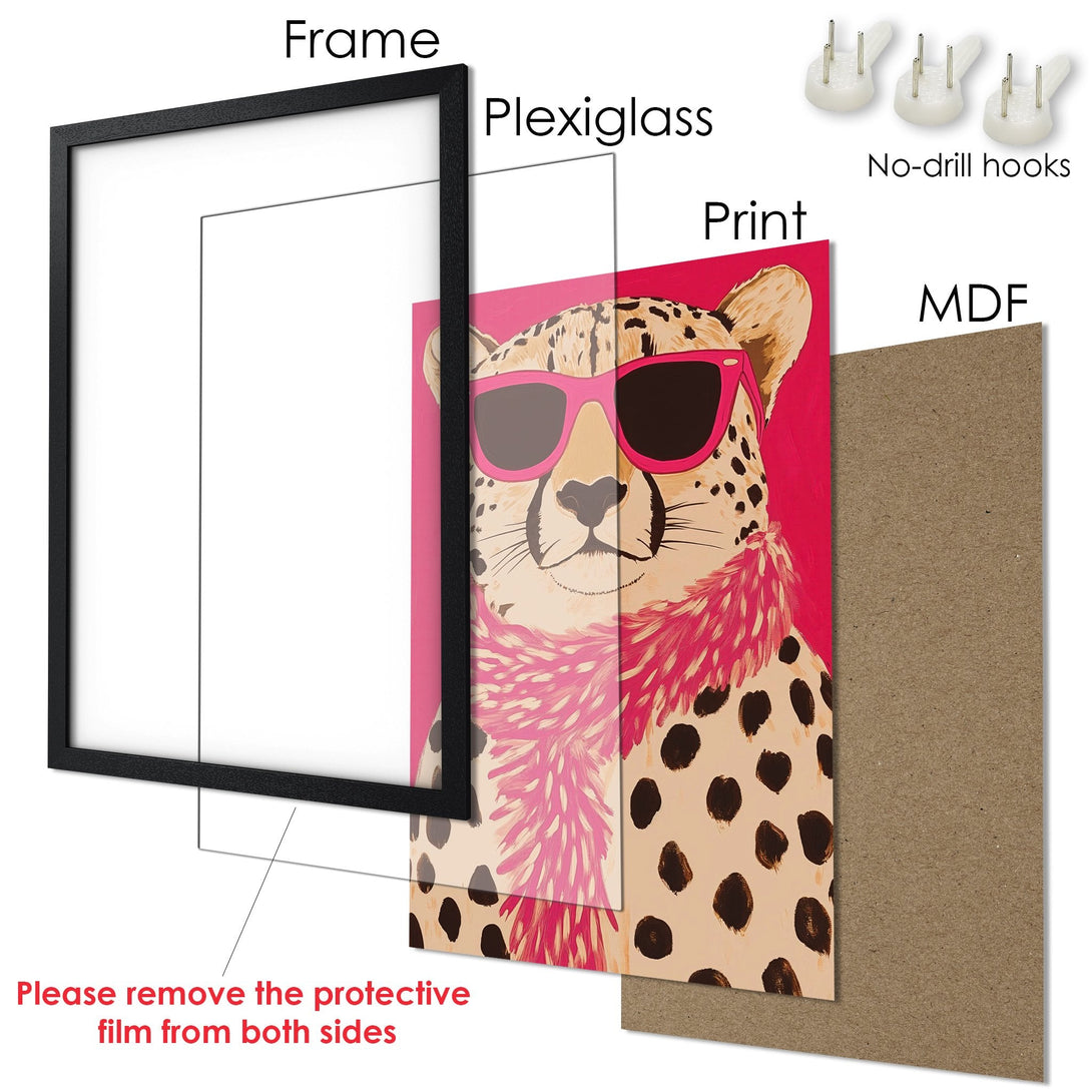 Framed Poster featuring a stylish cheetah in pink sunglasses, vibrant pop art style, with a pink and neutral color palette.