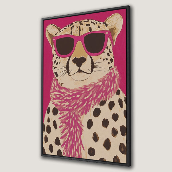 Framed Wall Art featuring a stylish cheetah wearing sunglasses and a pink scarf. Pop art style with a vibrant pink and neutral color palette. Perfect wall decor!
