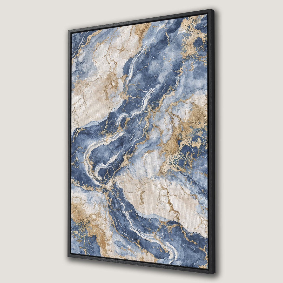Framed Wall Art featuring an abstract marble design in blue, gold, and beige. Elevate your space with this stunning canvas print!