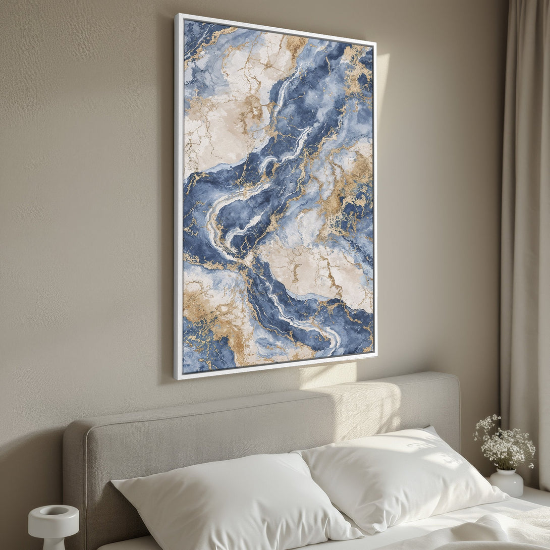 Framed Wall Art featuring a blue, gold, and beige abstract design. Modern Canvas Print adds a touch of luxury to any bedroom decor.