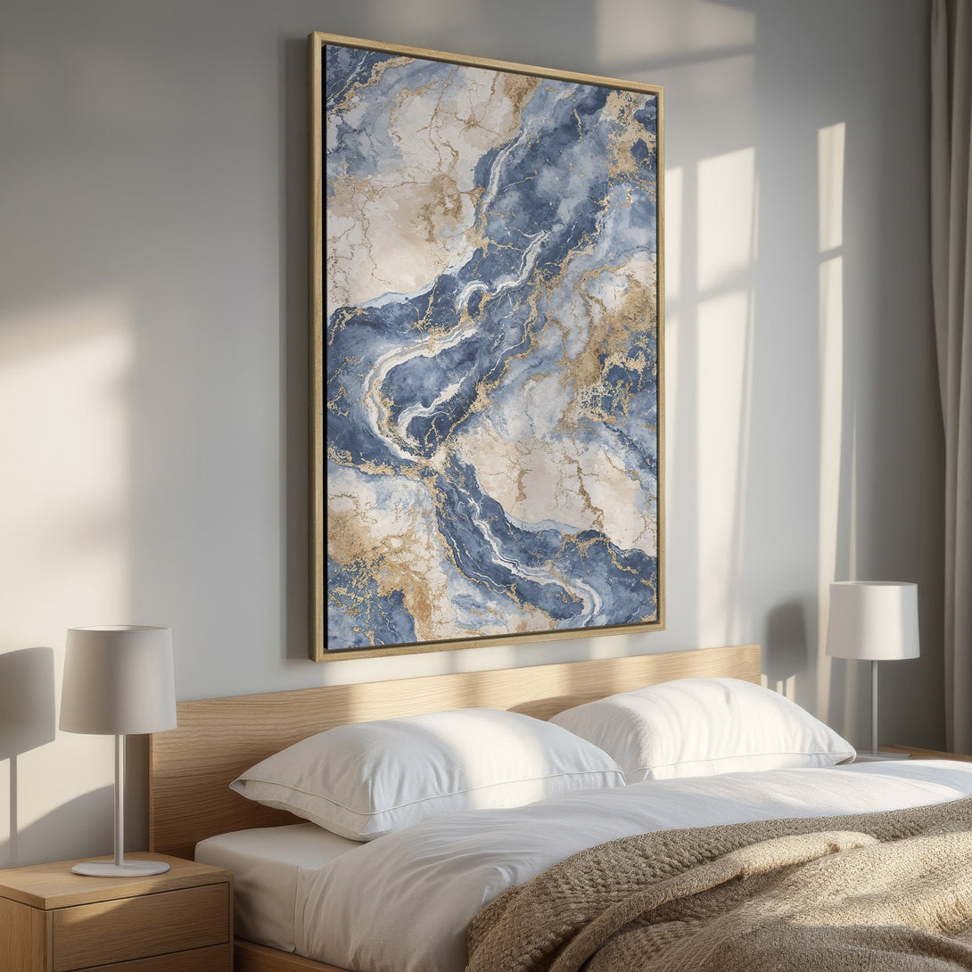 Framed Wall Art: Stunning abstract canvas print in blue, gold, and beige. Modern art for bedroom decor. Elevate your space with this elegant piece.