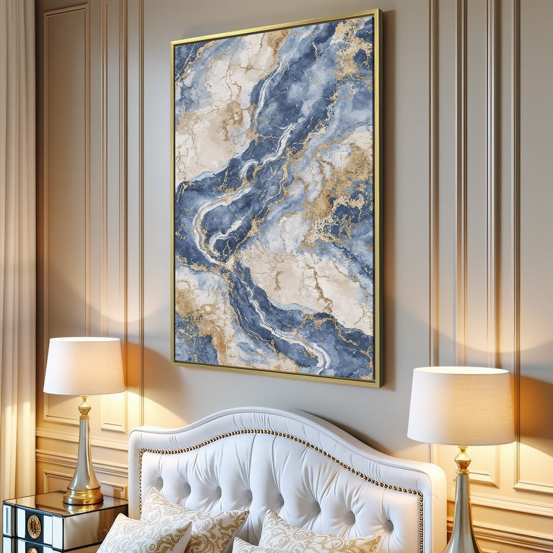 Canvas Print featuring a modern abstract design in blue, gold, and beige. Perfect for adding a touch of elegance to your home decor.