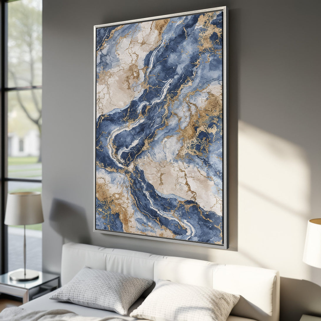 Framed Wall Art: Abstract blue & gold canvas print. Modern art for home decor. Enhance your interior with this stylish piece.