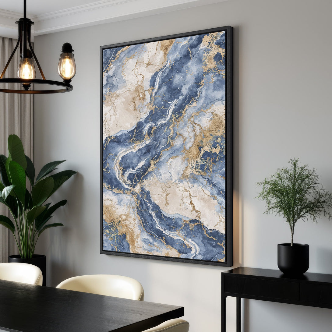 Framed Wall Art: Abstract marble Canvas Print in blue, gold, and beige. Modern art for home decor, perfect for living rooms and dining areas.