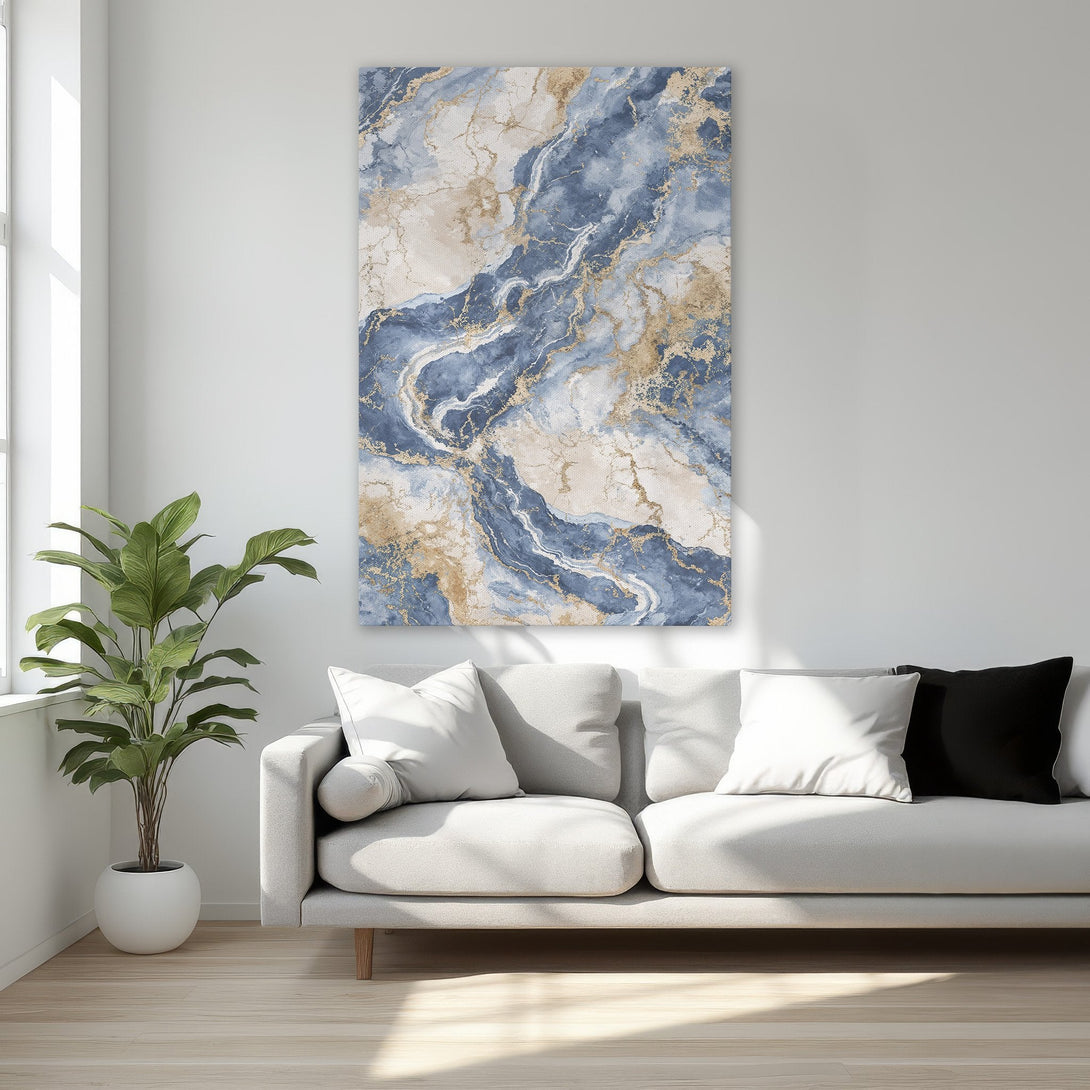 Framed Wall Art: Abstract blue & gold marble canvas print. Elevate your space with this modern, luxurious artwork. Perfect for adding a touch of elegance.