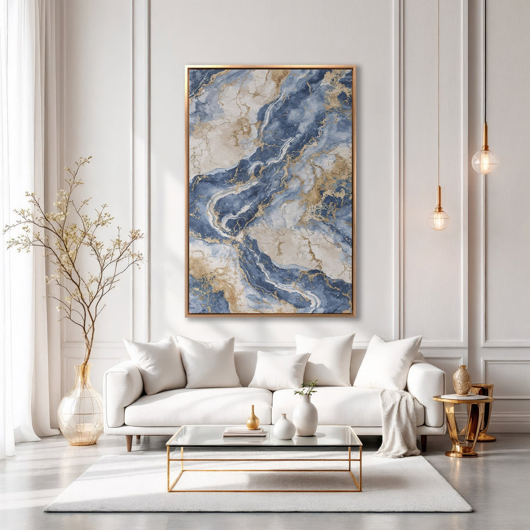 Framed Wall Art featuring a stunning abstract marble design in blue, gold, and beige hues. Elevate your space with this elegant Canvas Print.