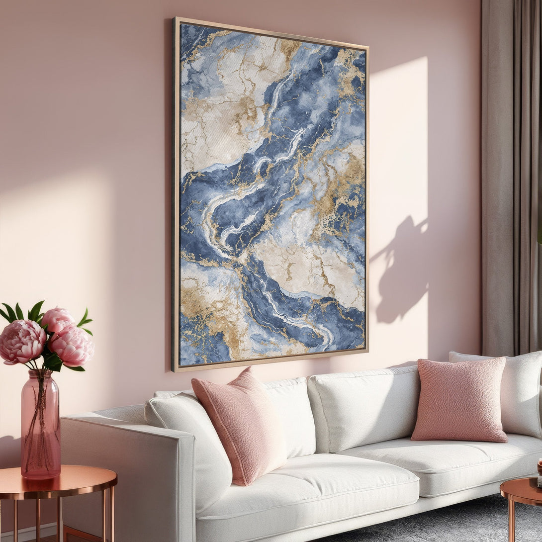 Framed Wall Art featuring a blue and gold abstract marble design. Elevate your space with this elegant canvas print, perfect for modern interiors.
