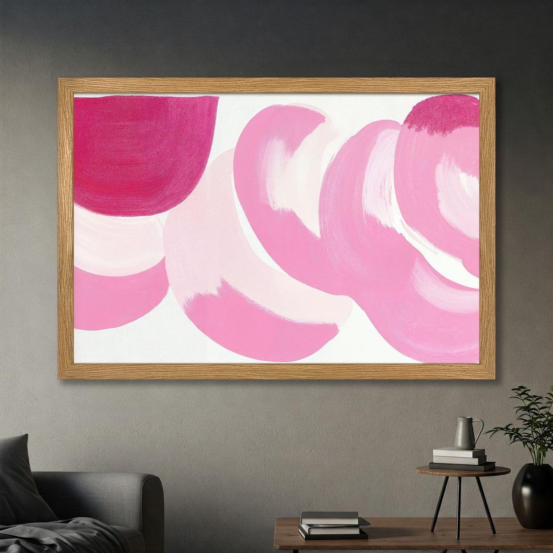 Framed Poster featuring abstract pink brushstrokes on white, perfect for modern home decor. Adds a pop of color!