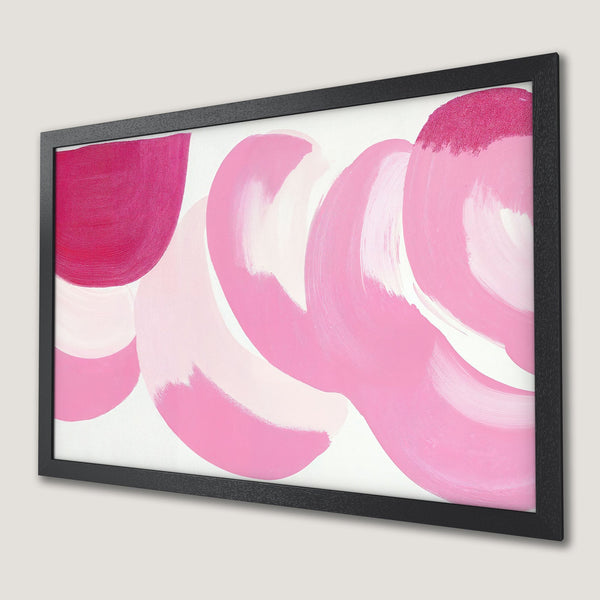 Framed Poster featuring abstract pink brushstrokes on white. Modern art print for home decor.