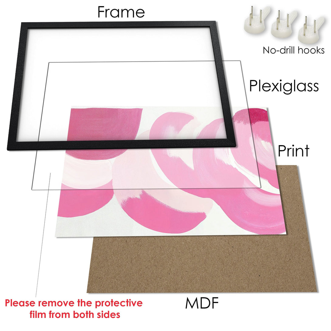 Framed Poster featuring abstract pink art. Modern style, vibrant pink color palette. Perfect wall decor for any room!