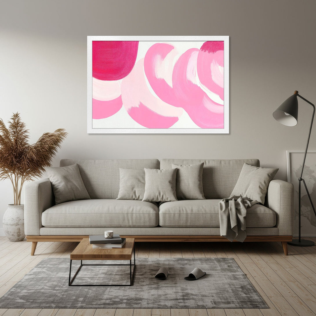 Framed Poster featuring abstract pink brushstrokes art. Modern style, vibrant pink color palette. Perfect wall decor.