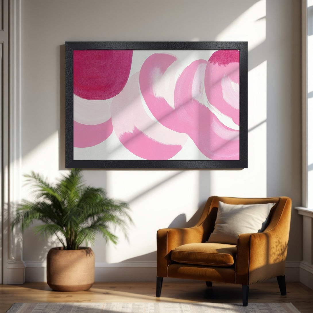 Framed Poster featuring abstract pink brushstrokes on white. Modern art style, perfect for home decor.
