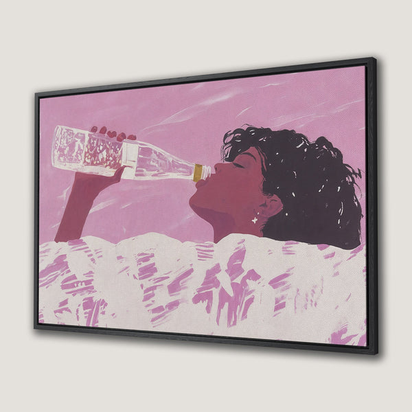 Framed Wall Art: Stylish woman enjoying a drink, painted in a modern style with a pink and purple color palette. Perfect for adding a touch of elegance!