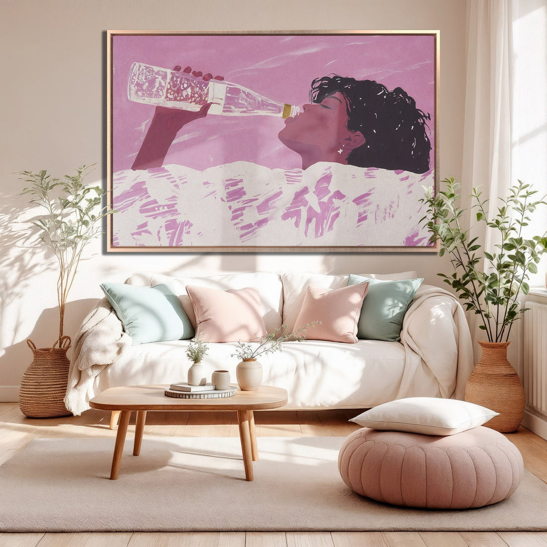 Framed Wall Art featuring a woman drinking, in a modern style with a pink and neutral color palette. Perfect for adding a touch of art to your home!