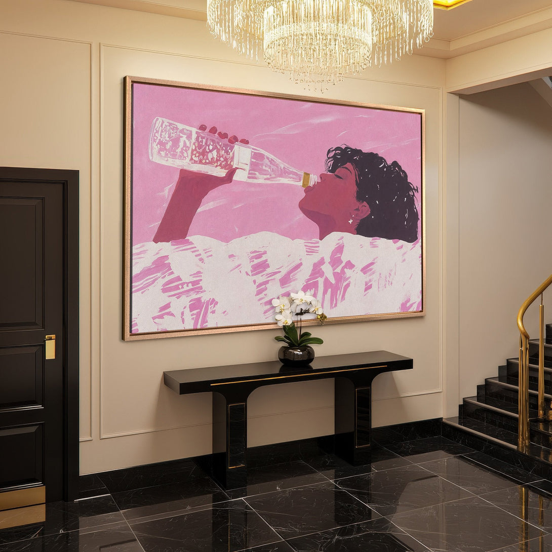 Framed Wall Art featuring a woman drinking from a bottle, pink & white abstract art. Modern decor for living room or entryway.