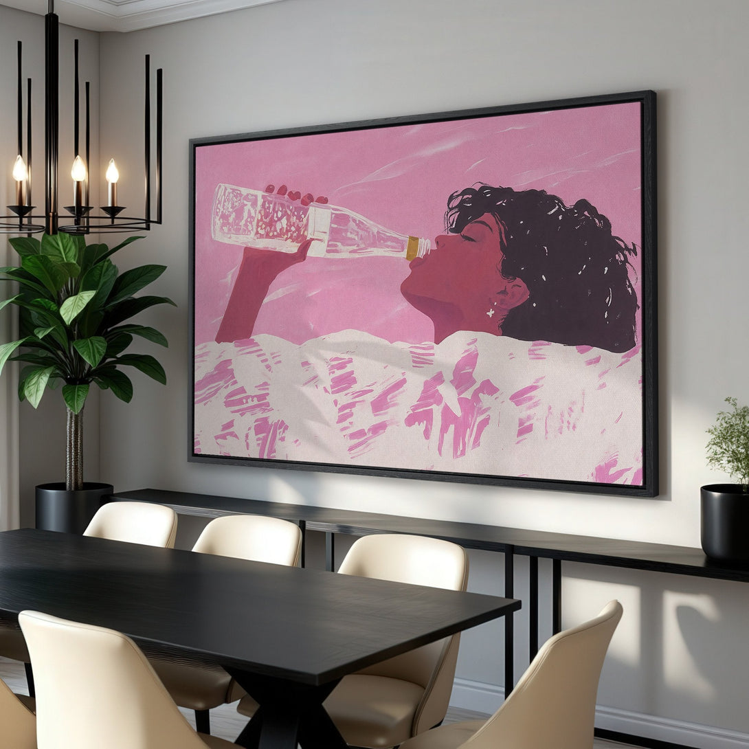 Framed Wall Art featuring a woman drinking, in a pop art style with a pink and white color palette, perfect for adding a touch of modern art to your home.