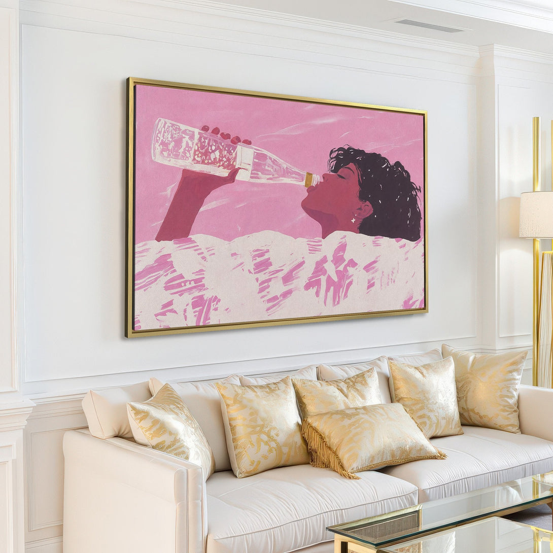 Canvas Print of woman drinking, modern art style, pink and neutral color palette, perfect for living room decor.