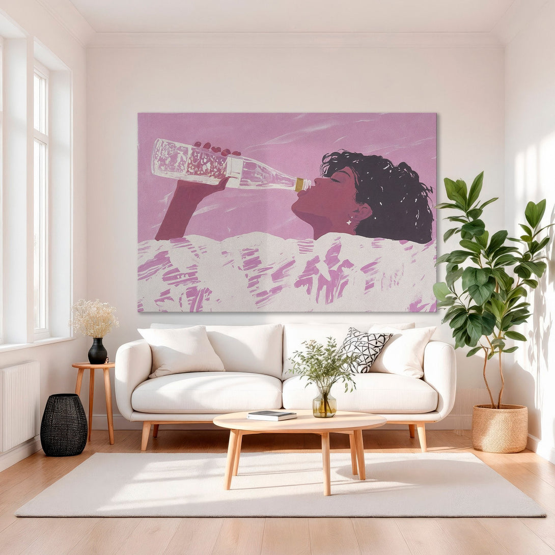 Framed Wall Art featuring a woman drinking from a bottle, with a pink and white color palette. Modern art for a stylish home.