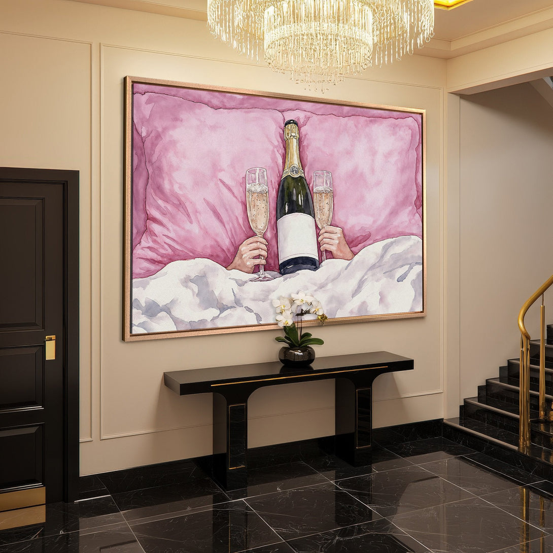 Framed Wall Art: Watercolor champagne celebration in pink & white. Stylish artwork for your home. Elevate your space with this elegant Canvas Print.