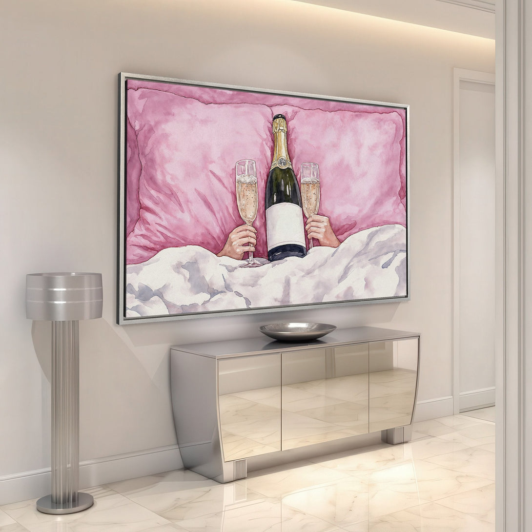 Framed Wall Art: Watercolor painting of champagne in bed, soft pink & white tones. Elevate your space with this stylish, romantic Canvas Print!