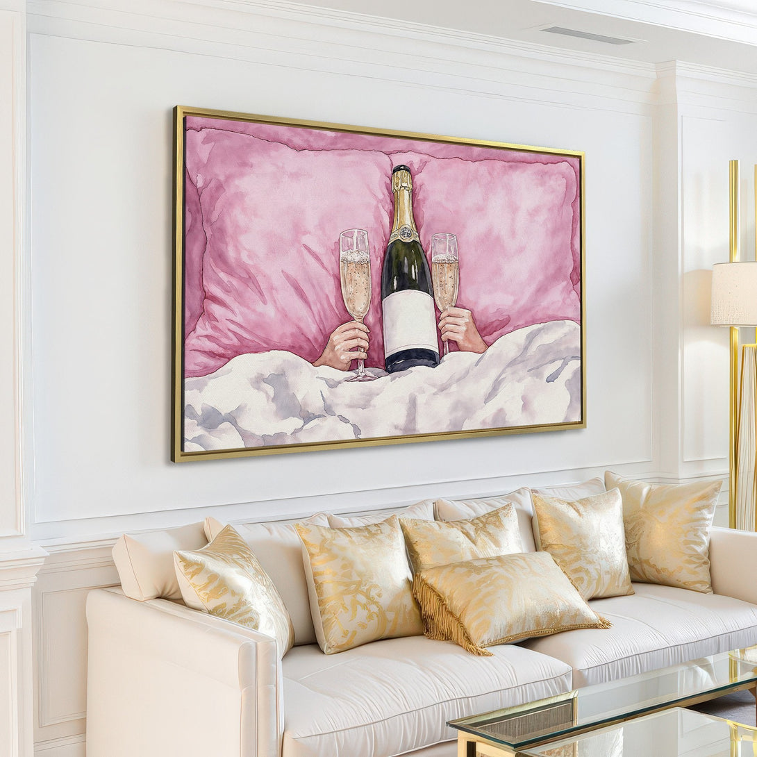 Canvas Print: Watercolor champagne artwork in a modern living room. Soft pink, white, and gold color palette for a touch of luxury.