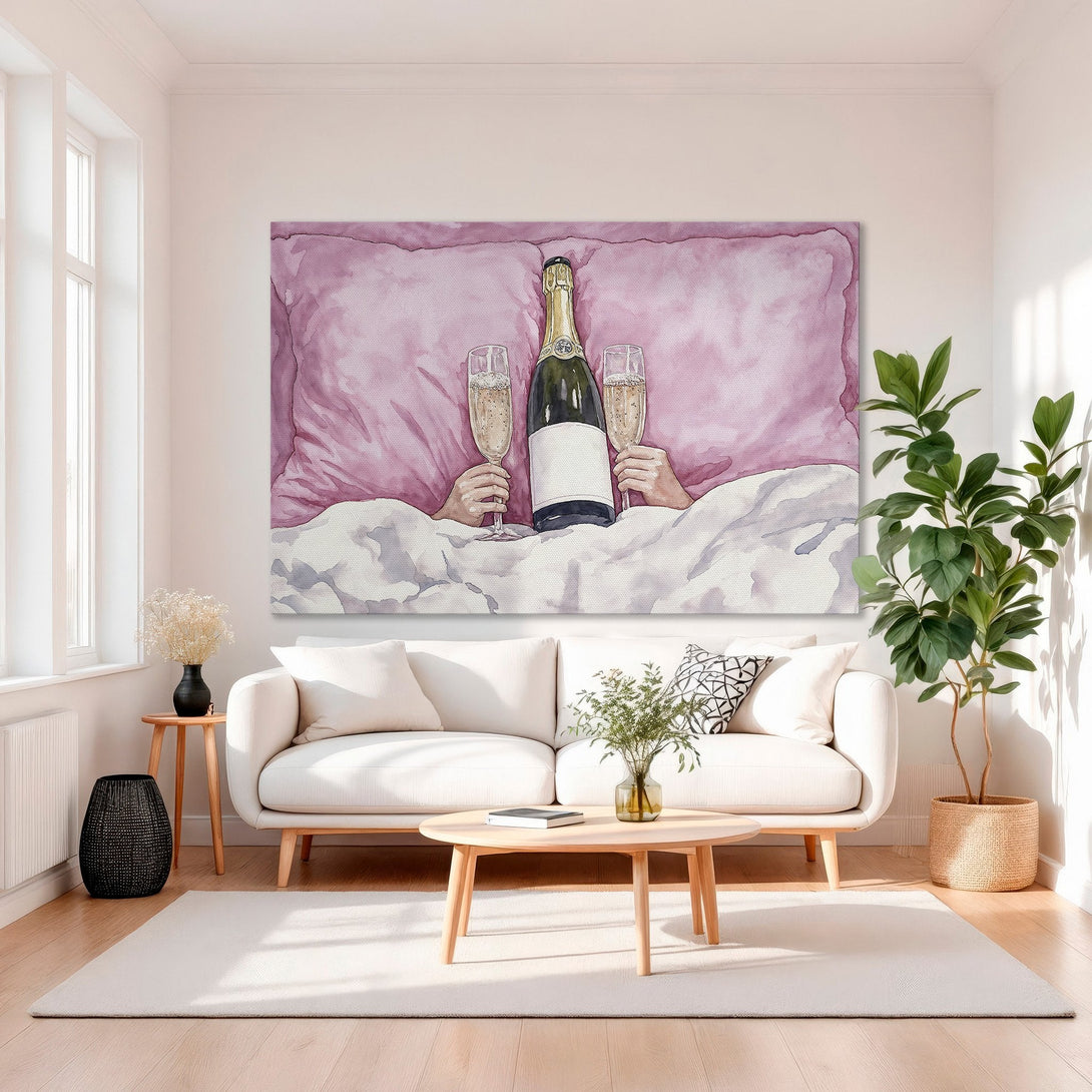 Framed Wall Art: Watercolor champagne art in pink & gold tones. Perfect for bedroom decor. Stylish Canvas Print for a touch of luxury.
