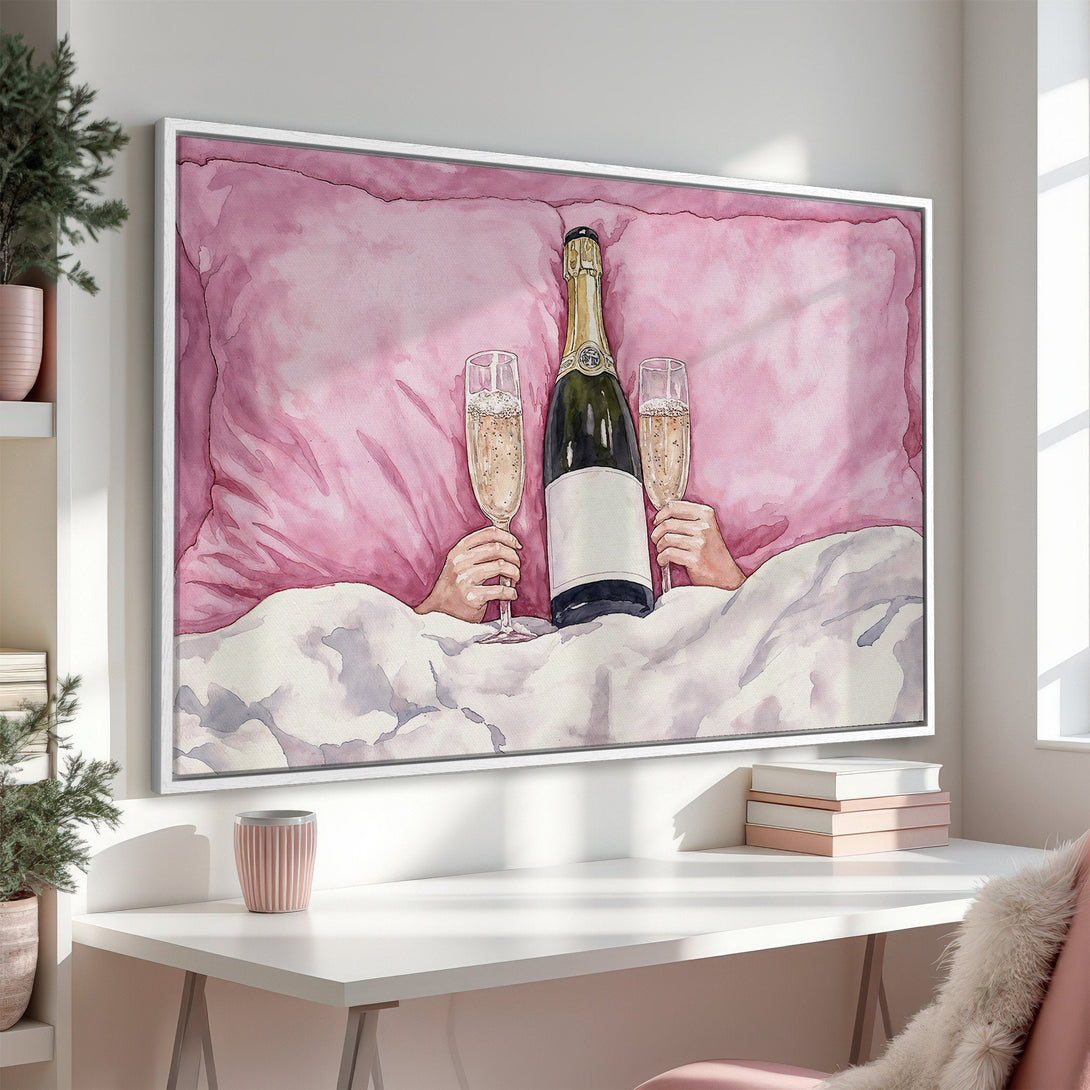 Framed Wall Art: Watercolor champagne print in pink and white. Perfect for bedroom decor. Elevate your space with this stylish, modern canvas print.