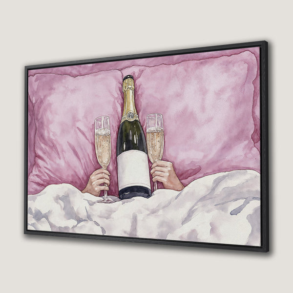 Framed Wall Art: Watercolor painting of champagne in bed. Soft pink and white tones create a relaxing, luxurious vibe. Perfect for bedroom decor.