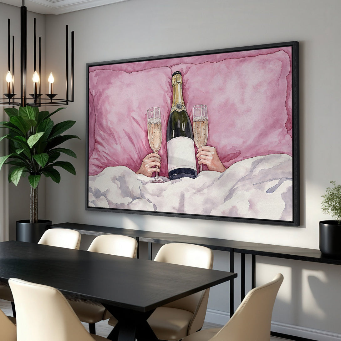 Framed Wall Art: Watercolor painting of champagne in bed. Pink and white color palette. Perfect for adding a touch of luxury to your home decor.