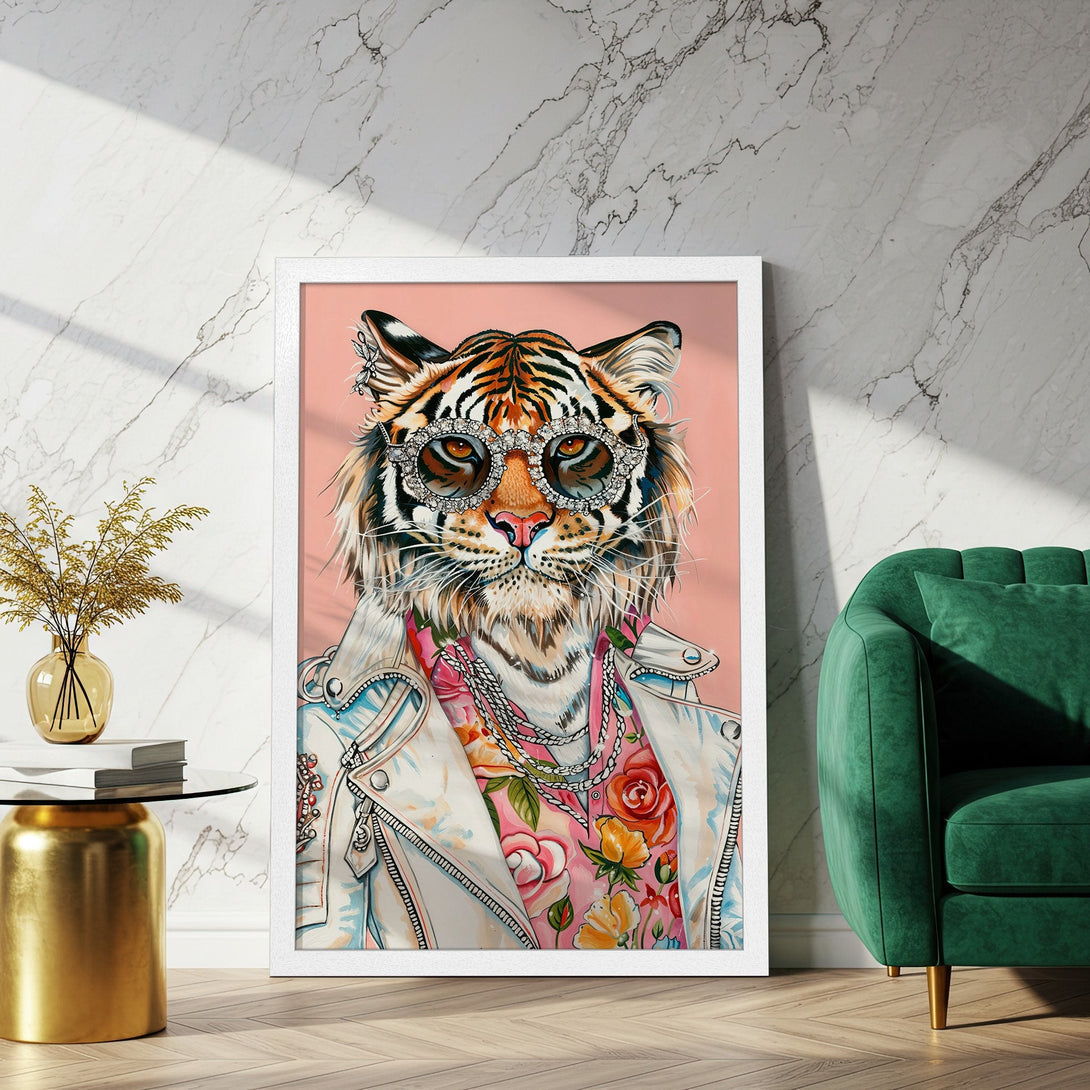 Framed Poster featuring a stylish tiger portrait in a vibrant pink, white, and floral color palette. Perfect wall art!