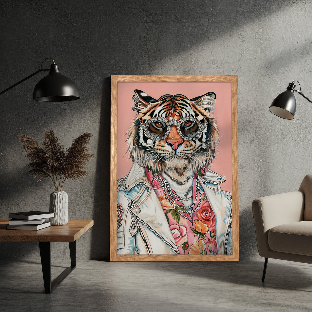 Framed Poster featuring a stylish tiger with sunglasses, vibrant pink & floral accents. Perfect wall art for a modern home.