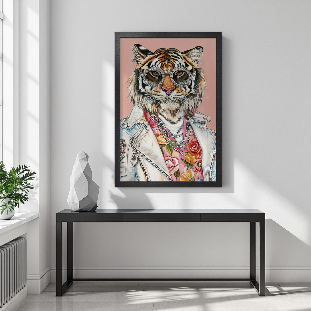 Framed Poster featuring a stylish tiger in sunglasses. Pop art style, vibrant colors on a pink background. Perfect wall art!