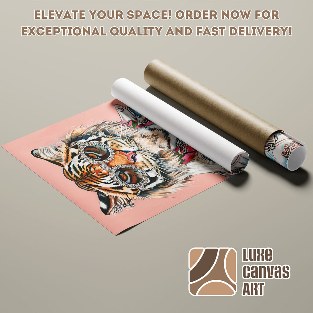 Poster Roll featuring a stylish tiger artwork in a pink and brown color palette. Elevate your space with this unique art!