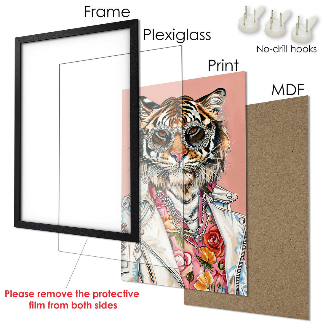 Framed Poster featuring a stylish tiger wearing sunglasses, vibrant pink & floral accents, set in a black frame. Perfect wall art!