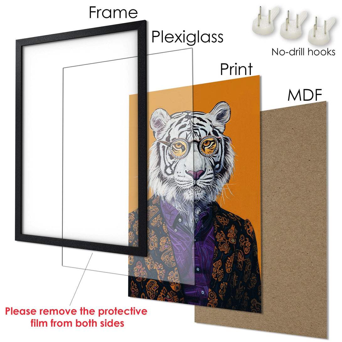 Framed Poster featuring a stylish tiger in a suit, vibrant orange background, modern art. Perfect wall decor!