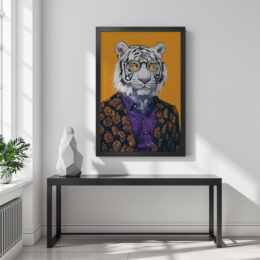 Framed Poster featuring a stylish tiger in a suit, vibrant pop art style with a warm orange and purple color palette. Add a touch of personality to your space!