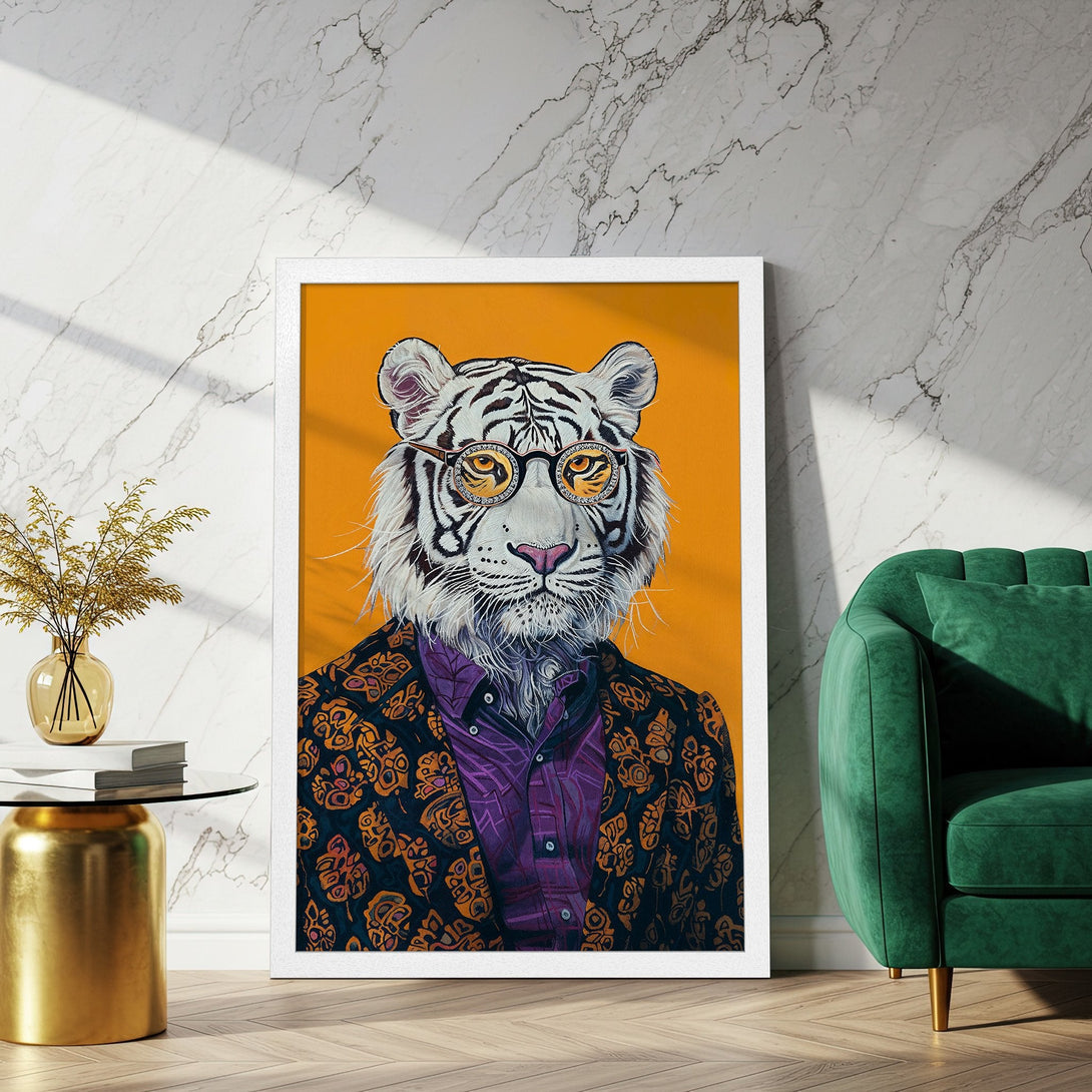 Framed Poster featuring a dapper tiger in a suit, vibrant pop art style. Orange, purple, and gold color palette. Perfect wall art!