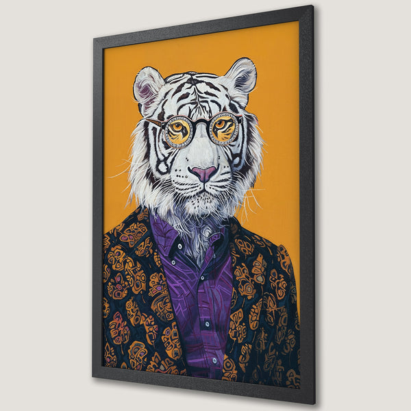 Framed Poster featuring a stylish tiger wearing glasses and a patterned jacket, with a vibrant yellow and purple color palette.