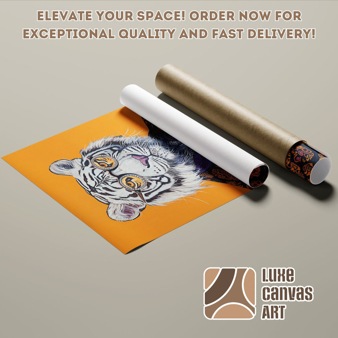 Poster Roll featuring a tiger with sunglasses, vibrant orange & neutral color palette. Order now!