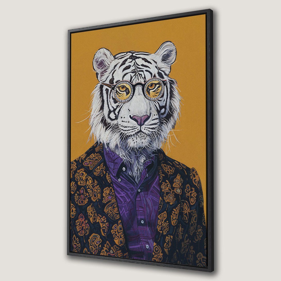 Framed Wall Art: Stylish tiger portrait in a suit and glasses, set against a mustard background. Modern, colorful decor for your home.