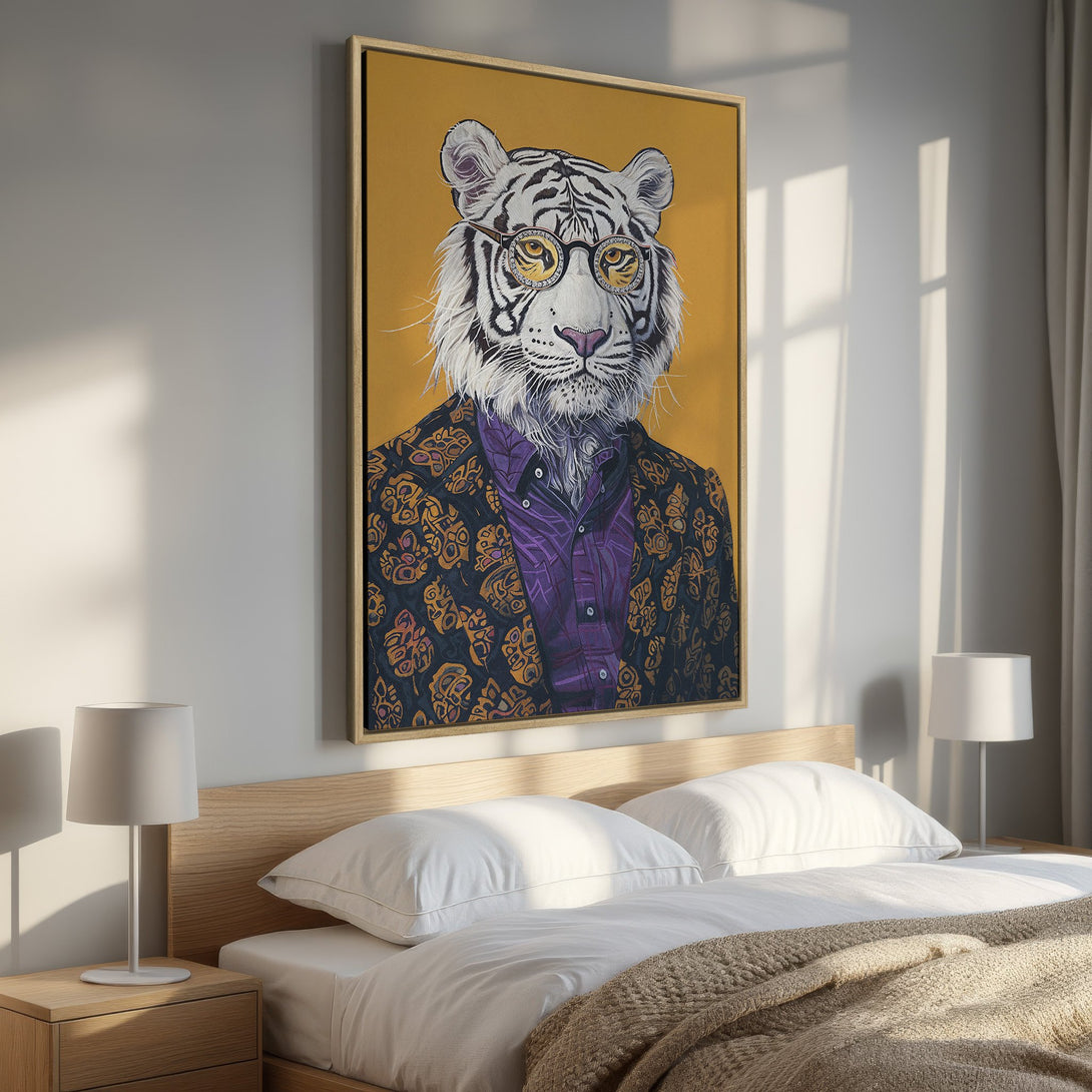 Framed Wall Art featuring a stylish tiger in a suit. Modern, colorful artwork with a yellow, purple, and gold color palette. Perfect bedroom decor!