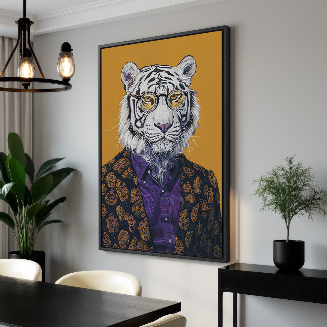 Framed Wall Art: Stylish tiger portrait in a suit with yellow and purple accents. Modern canvas print perfect for adding personality to any room.