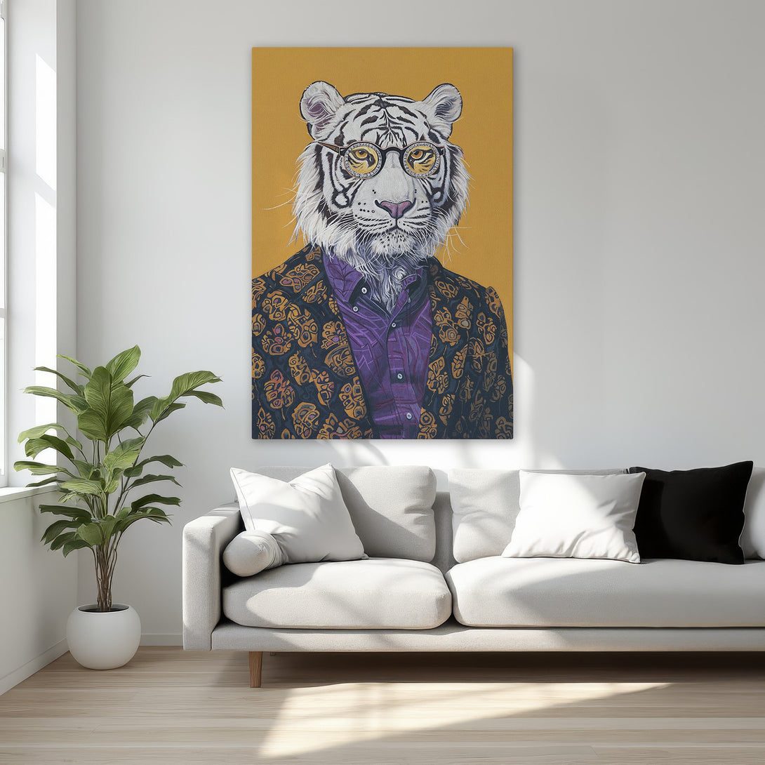 Framed Wall Art: Dapper tiger portrait in gold frame. Modern, whimsical style with a mustard, purple, and black color palette. Perfect for a stylish bedroom.